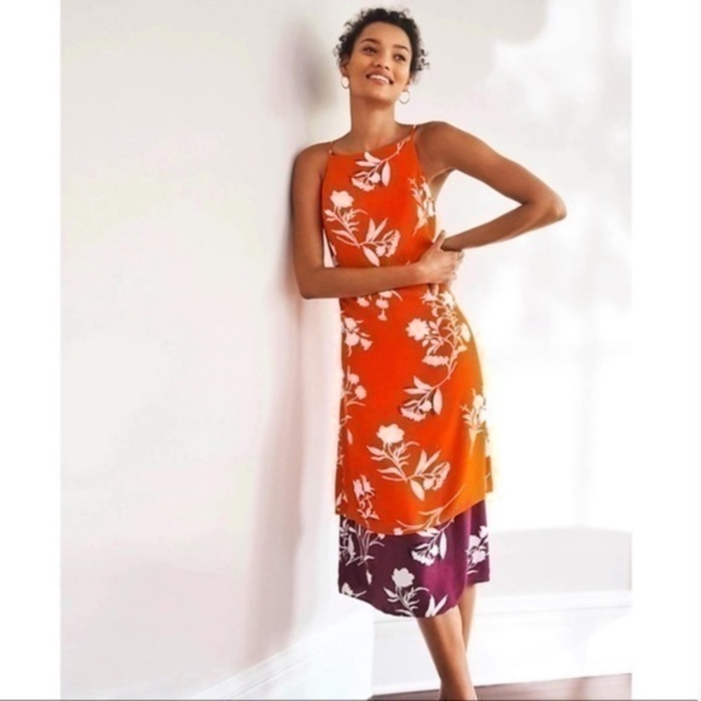 Ann Taylor orange purple floral tiered midi dress KK11
